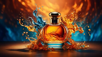 perfume bottle painted in intricate detail against a backdrop of shimmering amber. The bottle shines with golden accents, its curves reflecting the light in a captivating display of luxury.