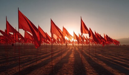 Red flags in a vast field at sunrise.  Shadows stretch across the sandy terrain