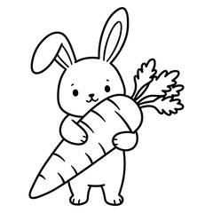 Cute cartoon bunny holding a giant carrot, black and white line drawing illustration, perfect for children's books and coloring pages