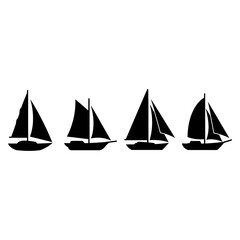 Simple graphic set of four black sailboat silhouettes. Isolated vector yacht icons for marine travel design