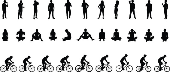 Silhouettes of people standing, sitting, meditating, cycling, daily activities, relaxation, fitness exercise, outdoor lifestyle, mindfulness, meditation, health, sports, wellness