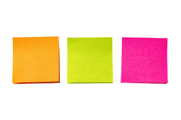 Three square sticky notes in orange, lime green, and pink, arranged horizontally on a black background