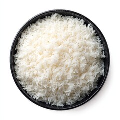 Cooked white rice in a dark bowl, overhead view