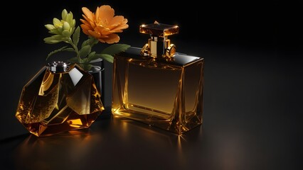 perfume bottle painted in intricate detail against a backdrop of shimmering amber. The bottle shines with golden accents, its curves reflecting the light in a captivating display of luxury.