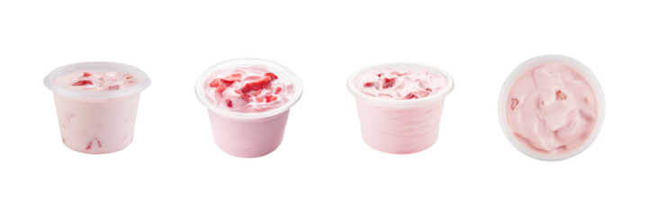 Strawberry Yogurt Cups Set. Delicious Dairy Snack And Dessert Collection Isolated On Transparent Background