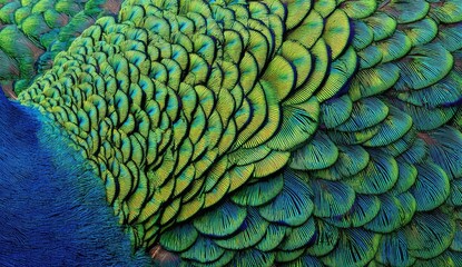 Close-up peacock feather texture.  Vibrant green, blue, and teal feather patterns