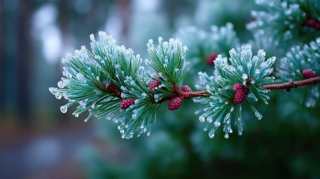 Frosted Pine Branch Covered in Snow with Red Pine Cones in Winter Season in Soft Light Focus