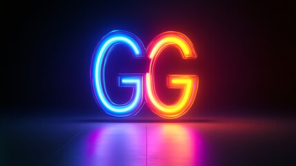 Bright neon glowing letters G G in vibrant blue and red colors, reflecting on dark surface, creating modern and energetic visual effect. Perfect for digital art or nightlife themes
