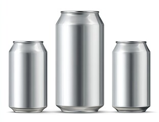 Three metallic aluminum beverage cans of varying sizes