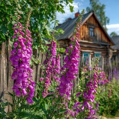 Obraz premium Purple foxgloves bloom by a rustic wooden house