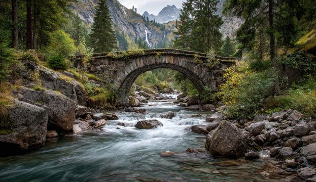 Ancient stone arch bridge spanning a rushing mountain stream amidst autumnal forest - Powered by Adobe
