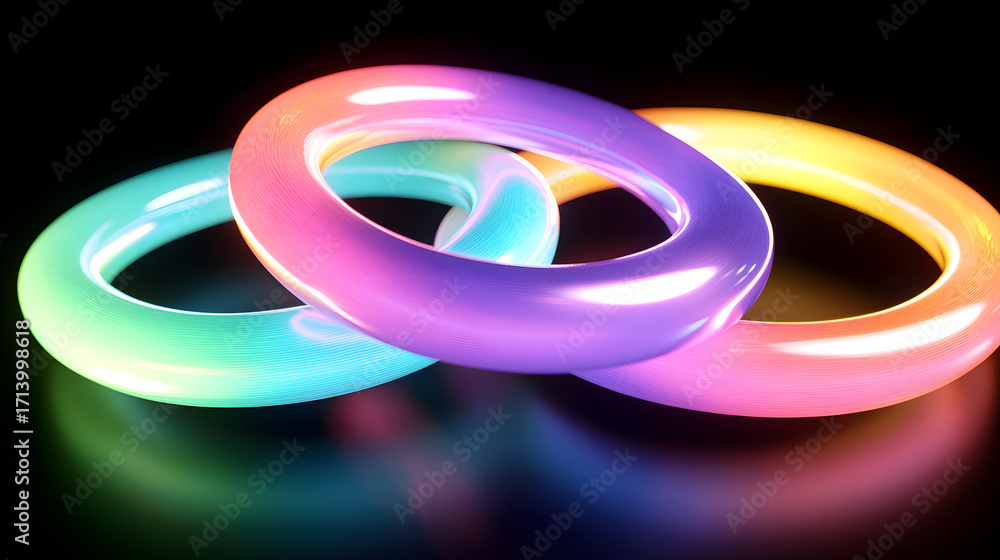 Aufkleber dynamic intertwined rings glow with vibrant neon colors, symbolizing connection and innovation in a 