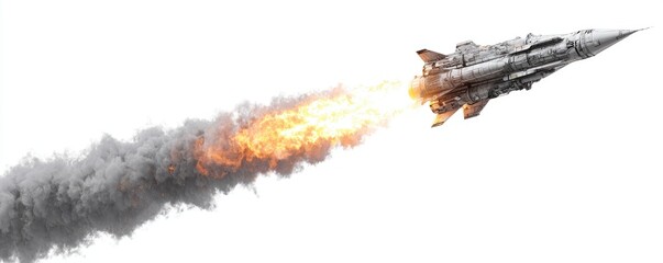 A missile launches, leaving a trail of fire and smoke against a white background