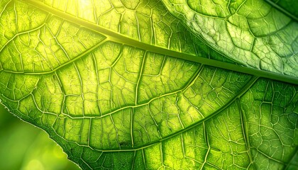 Macro photography of fresh green leaves showing detailed veins and natural texture. Vibrant foliage background with soft sunlight, botanical close-up concept.