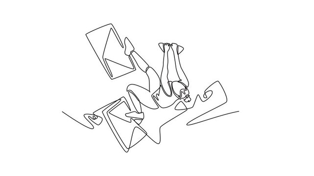Self drawing animation of single line draw female climbing overhanging cliff in challenging, inverted pose, representing courage required to conquer a rock wall. Continuous line. Full length animated