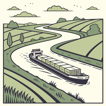 Cargo barge navigates a winding river through lush green agricultural fields under a cloudy sky