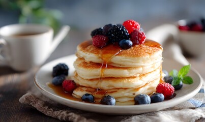 Classic Buttermilk Protein Pancakes, golden brown, topped with maple syrup and fresh berries, on rustic breakfast table