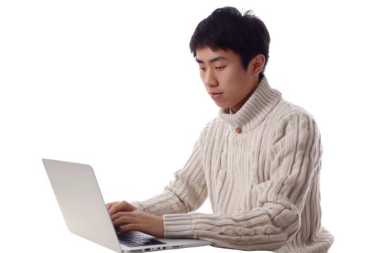 Young man using a laptop computer on a white background