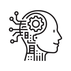 Artificial Intelligence Icon, Cyborg Head with Mechanical Gear and Circuit Brain for AI and Robotics Technology
