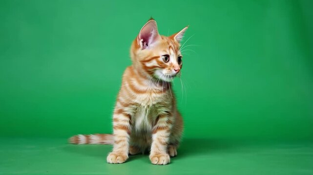 Junge Katze auf gr&uuml;nem Chroma Key Hintergrund &ndash; isoliertes Haustier in Studioaufnahme