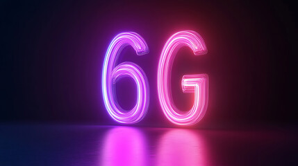 Bright neon light display of text 6G with glowing purple and pink colors on dark background, symbolizing advanced wireless technology and future connectivity