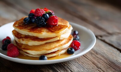 Classic Buttermilk Protein Pancakes, golden brown, topped with maple syrup and fresh berries, on rustic breakfast table