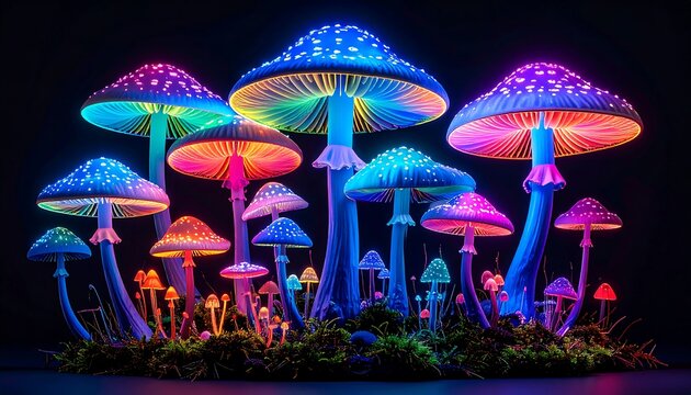 Vivid glowing mushrooms in a dark forest - Powered by Adobe