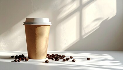 Warm morning light illuminates a minimalist paper coffee cup surrounded by rich, aromatic coffee beans, creating a cozy and inviting scene perfect for a fresh start to the day