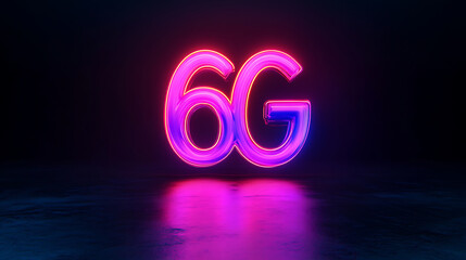 Bright neon 6G sign with glowing pink and blue colors, reflecting on dark surface, creating futuristic and vibrant atmosphere