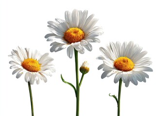 Three white daisies with yellow centers, isolated on white