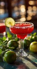 Vibrant red margarita in a glass, garnished with lime and mint (1)