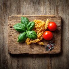 Rustic wooden board with pasta, basil, and tomatoes