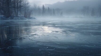 Fototapeta premium Misty Lake in Winter: The tranquil scene showcases an icy lake engulfed by a mystical, ethereal fog, set against a backdrop of a frosted forest and distant mountains.