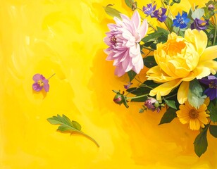 Obraz premium Vibrant bouquet of flowers in hues of yellow, pink, and purple, artfully arranged against a dynamic yellow background.