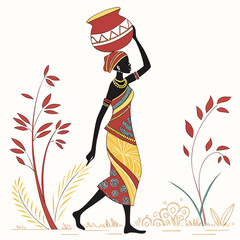 Stylized african woman carrying water pot on head walking through nature with traditional clothing