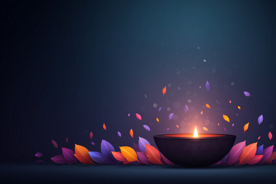 Glowing diya with colorful autumn leaves on dark background conceptual vector illustration for Sharad Navratri