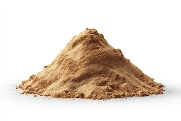A mound of light brown granular material sits atop a plain white background.  It has a conical shape and a slightly rough texture