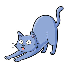 Playful Cat's Stretch: A whimsical illustration capturing a cute blue cat in a dynamic stretch, tongue playfully lolling out, epitomizing feline flexibility.