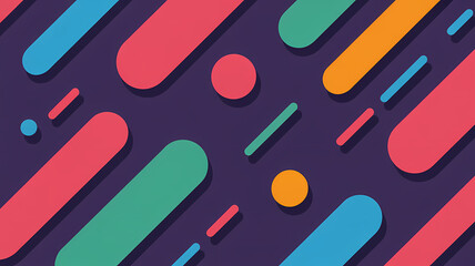 Colorful cylinders and circles create a vibrant geometric pattern on a deep purple background