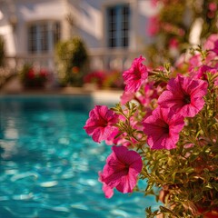 Pink flowers by a shimmering pool,  white house in the background