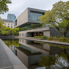 Obraz premium A three-story modern art museum building made of gray concrete