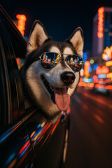 Cool Husky Dog in Sunglasses Enjoying a Night Ride Through the City
