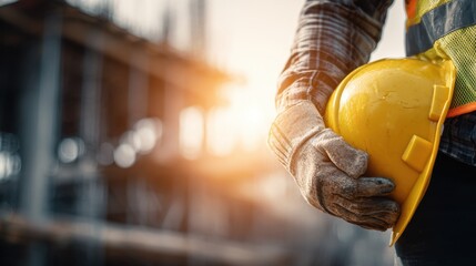 Building Construction Worker: An anonymous construction worker, gripping a yellow hard hat, embodies hard work and dedication amidst a building site. The sun casts a warm glow.