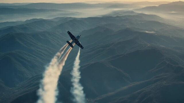 An airplane performs aerobatic maneuvers in the sky, leaving white trails behind, representing adventure, freedom, and thrilling aviation stunts.