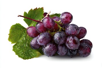 Fototapeta premium A cluster of deep purple grapes with water droplets, set against a plain white background. Fresh, plump grapes are held by green leaves