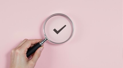 Hand holding magnifying glass with check mark symbol on pink background for inspection concept 100char