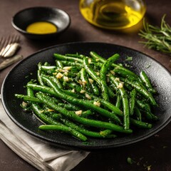 Roasted green beans with garlic and herbs on a dark plate