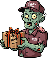 Zombie delivery man holding gift box with 
