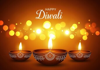 Three lit diyas with bokeh lights for Happy Diwali celebration festival India