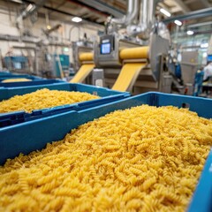 Pasta production line with boxes of yellow spiral pasta